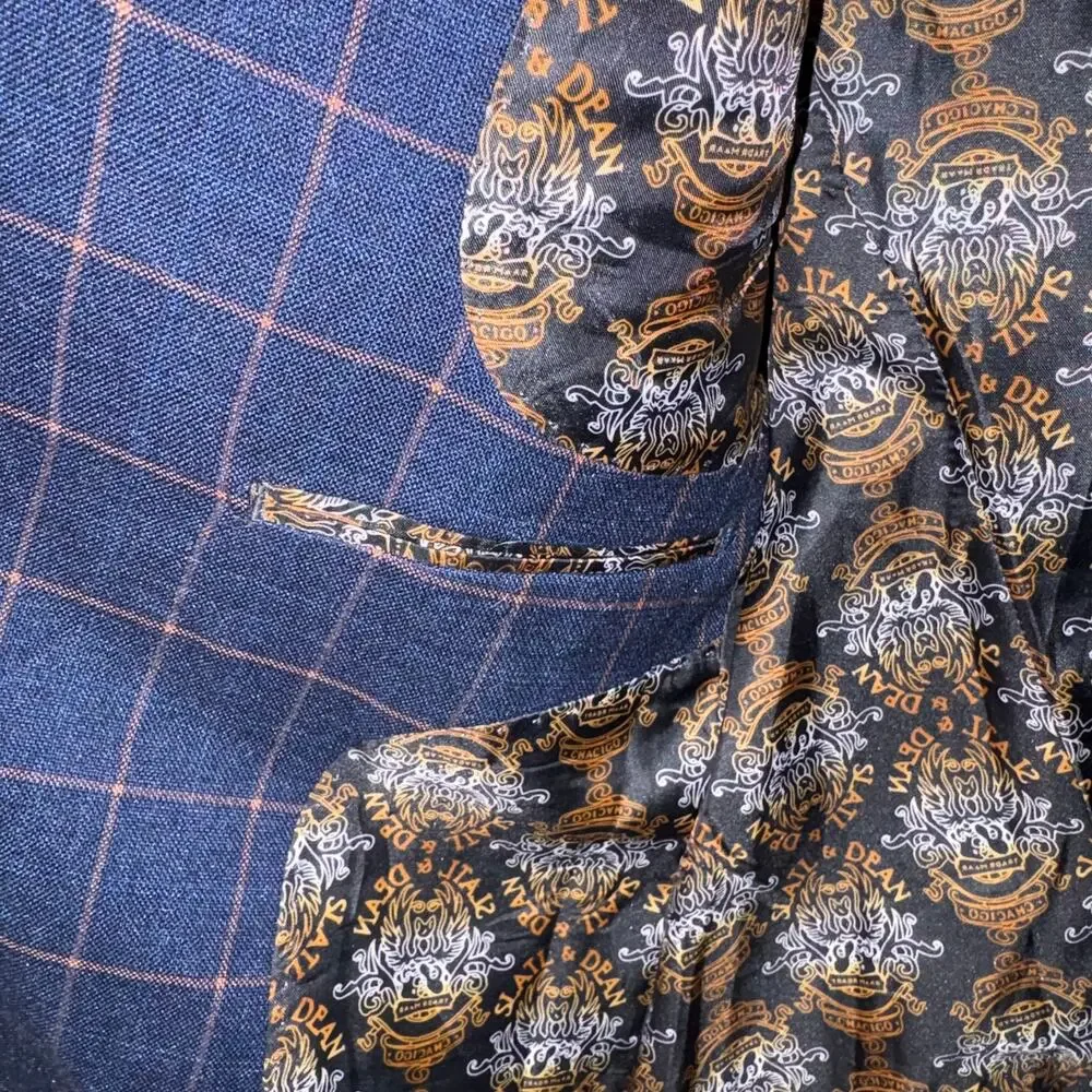 Slatl & Dean Luxury Men's Navy‎ Blue Windowpane Double Breasted Blazer Jacket